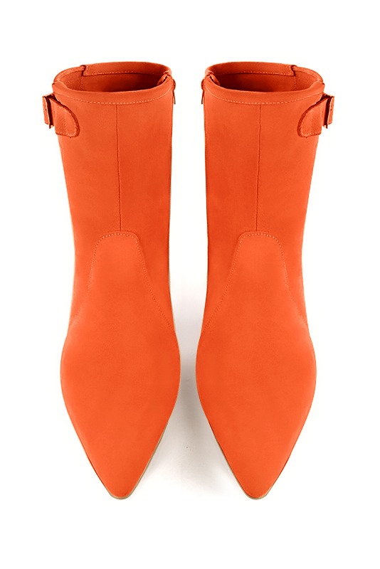 Clementine orange women's ankle boots with a zip on the inside. Tapered toe. Medium cone heels. Top view - Florence KOOIJMAN